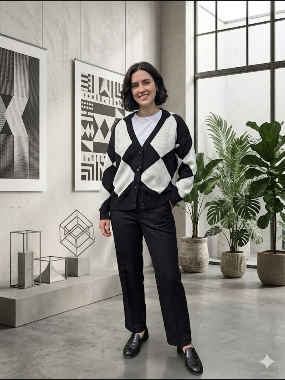 Elan Black and White Argyle Button-Up V-Neck Cardigan